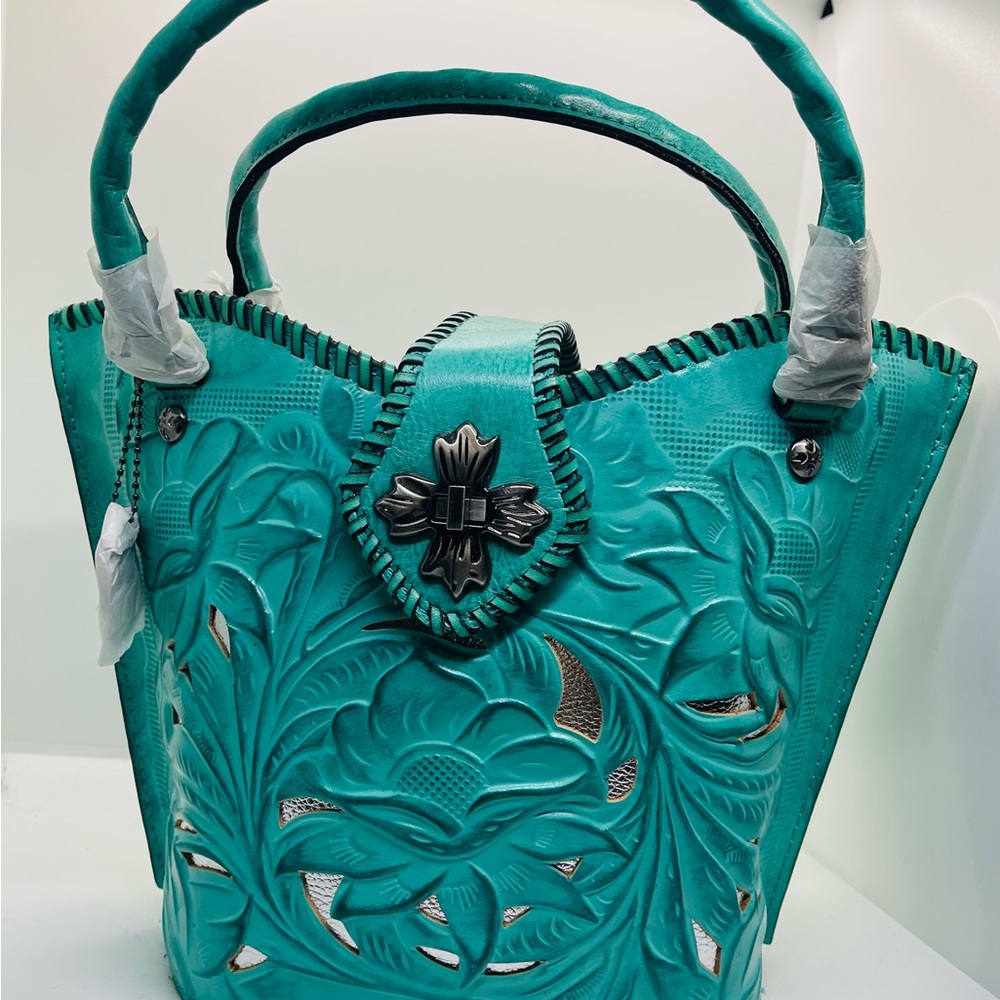 🌷Patricia Nash🌷100% Handmade Leather Crossbody, Tote/Bag, Green/Teal/Aqua NWT - Picture 4 of 13